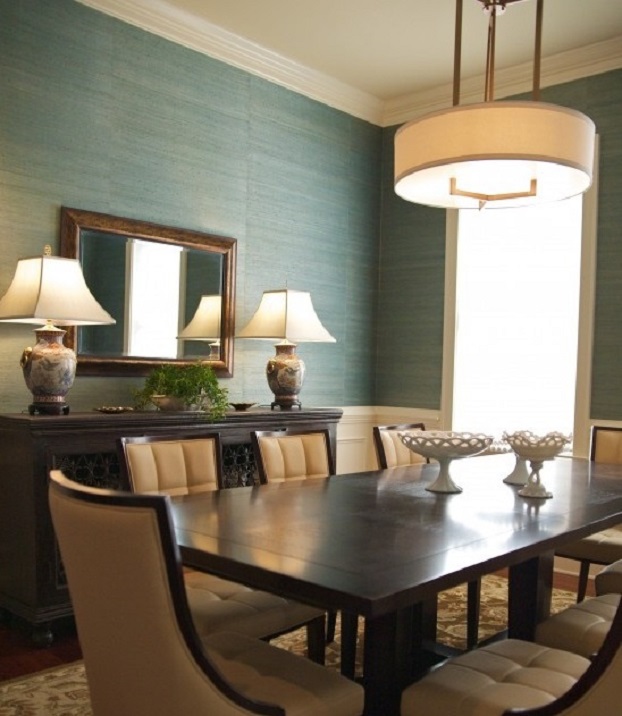Blue grasscloth in Dining Room