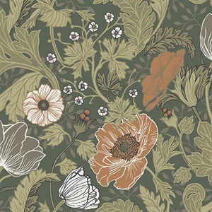 Anemone Green Floral Wallpaper