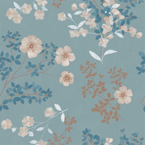 Prairie Rose Teal Floral Wallpaper